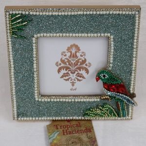 TROPICAL HACIENDA BEADED PARROT PICTURE FRAME HOLDS 4x4 PHOTO-AQUA/MULTI-COLOR